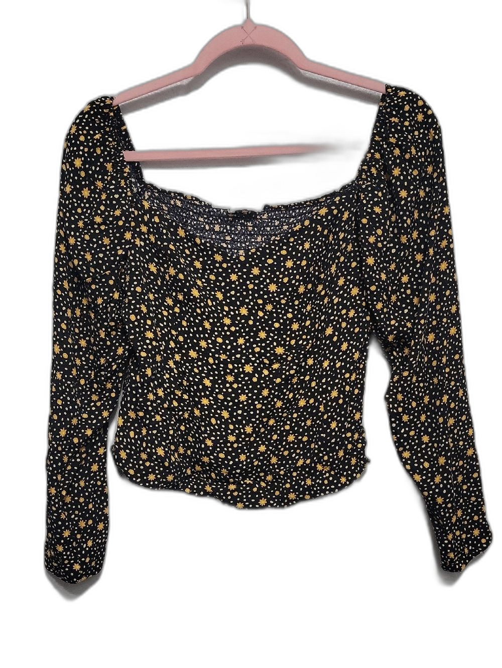 Reformation Black Smocked Peasant Top with Yellow Daisy Print